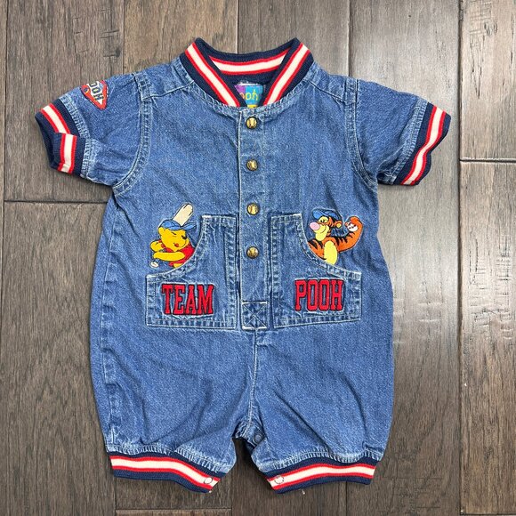 Vintage Winnie The Pooh & Tigger Denim Embroidered Romper 18 Months - Picture 1 of 5